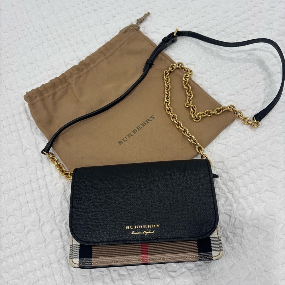 Burberry Black and Tan Crossbody Bag with Gold Chain